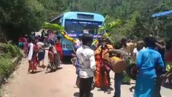 People from a village of Nilgris celebrated the arrival of the first bus to their village People from a village of Nilgris celebrated the arrival of the first bus to their village
