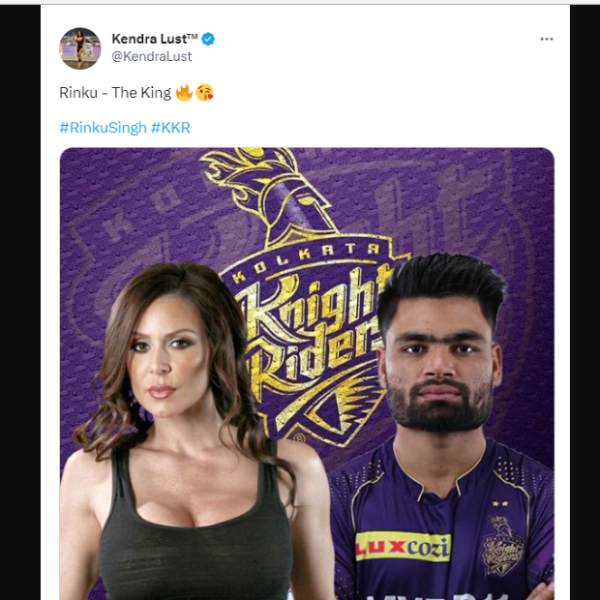 Porn star Kendra Lust releases edited image and praises KKR Batsman Rinku Singh Porn star Kendra Lust releases edited image and praises KKR Batsman Rinku Singh