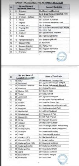 BJP released the first phase list of 189 candidates contesting the Karnataka assembly election 
