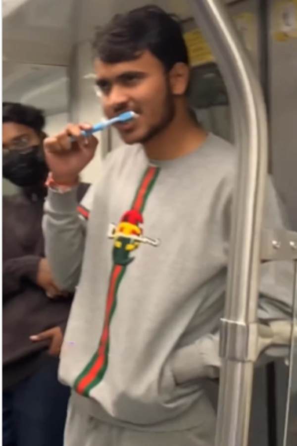 A video goes viral after a man brushes his teeth in metro train 