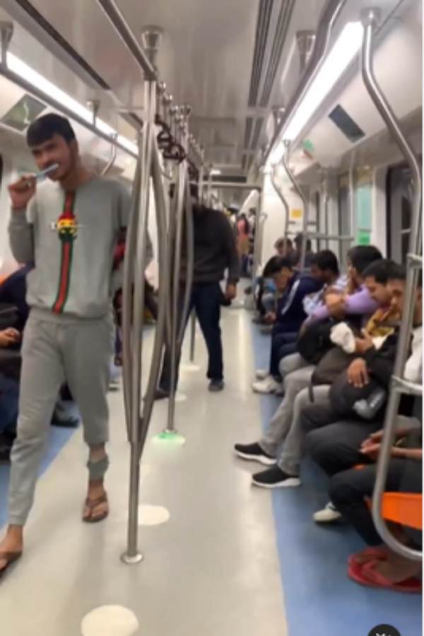 A video goes viral after a man brushes his teeth in metro train 