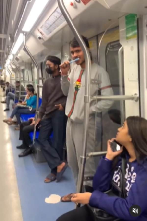 A video goes viral after a man brushes his teeth in metro train 