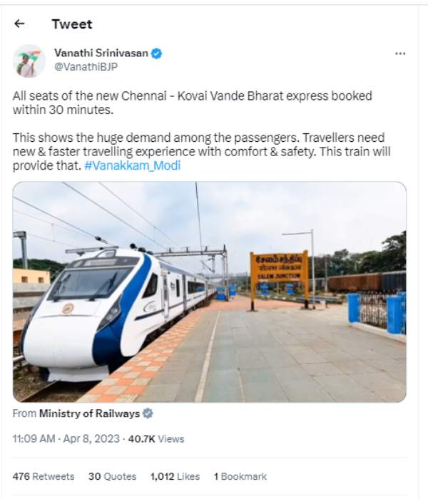 BJP Vanathi Srinivasan compares Vande Bharat with China bullet train 