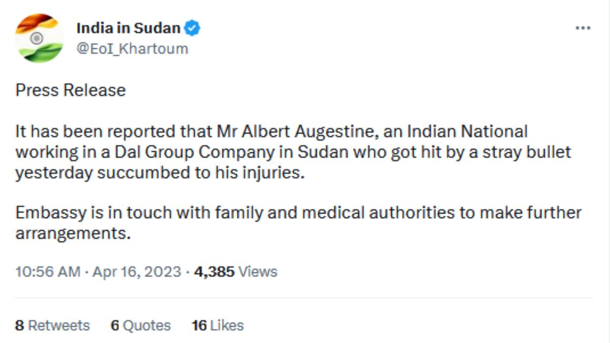  One Indian citizen killed in Sudanese paramilitary and army clash 