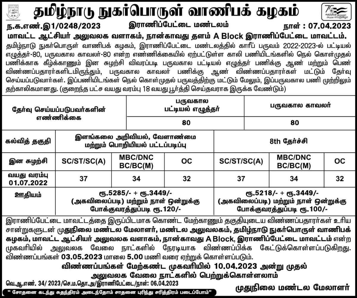 TNCSC Ranipet Recruitment 2023 seasional bill clerk and Seasonal Watchman 