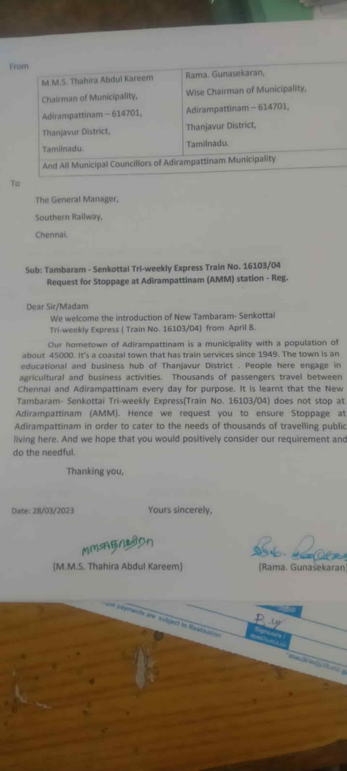 Adirampattinam people request to stop Tambaram Sengottai train 