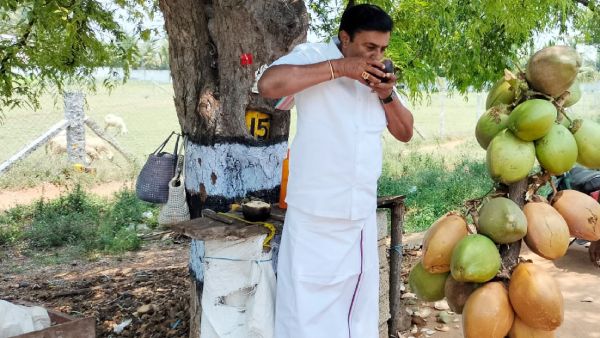Minister MP Saminathan has been eated Nungu at a roadside shop to cool off the scorching sun 