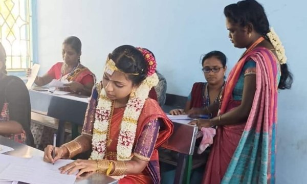 Why womens going to write exam after marriage with same costume? 