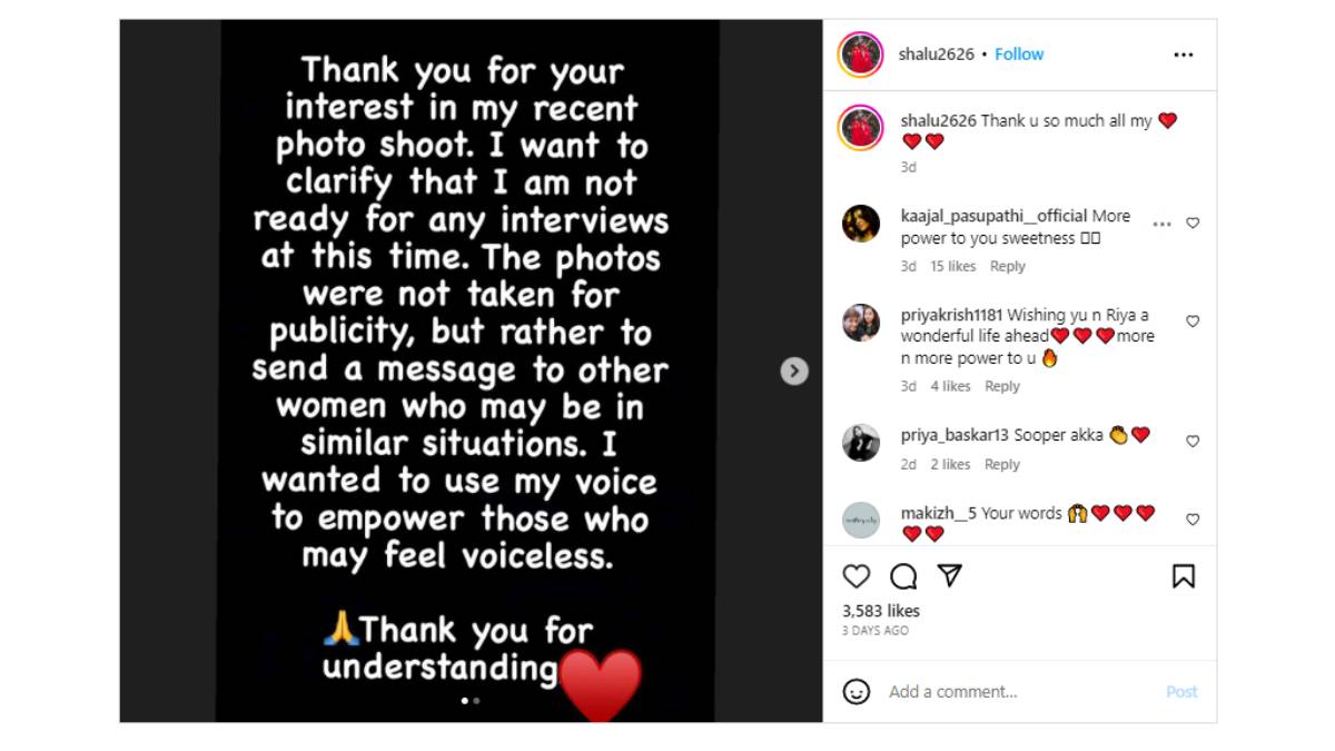 Actress Shalini explains about the divorce photo Shoot.. Not for publicity 