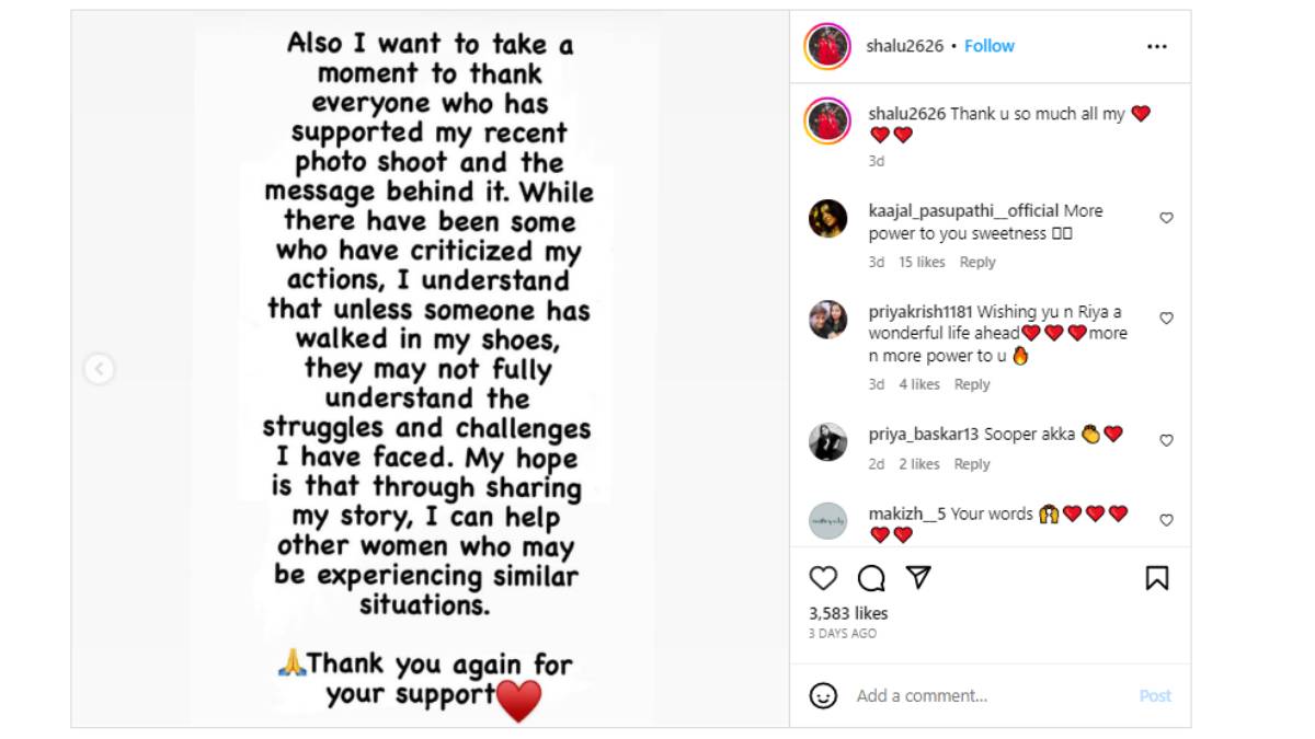 Actress Shalini explains about the divorce photo Shoot.. Not for publicity 