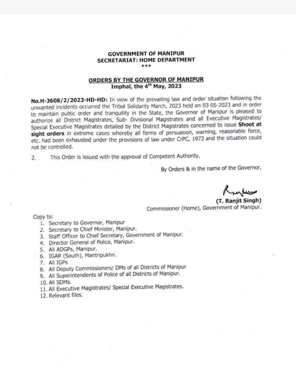 Shoot-at-sight order from government in extreme cases in violence hit Manipur