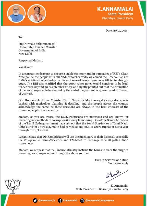 Annamalai letter to FM Nirmala Sitharaman on keep track of the surge of incoming 2000 notes 