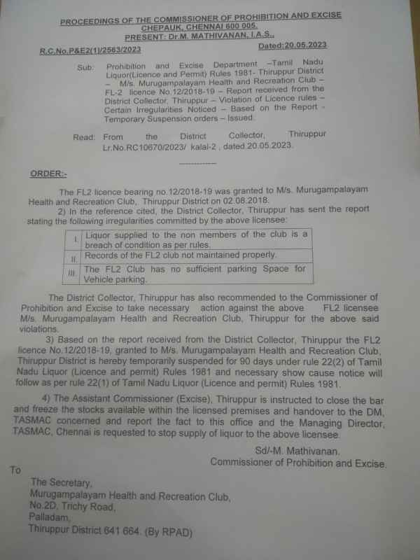  Tirupur private bar licence suspended : What is the reason 