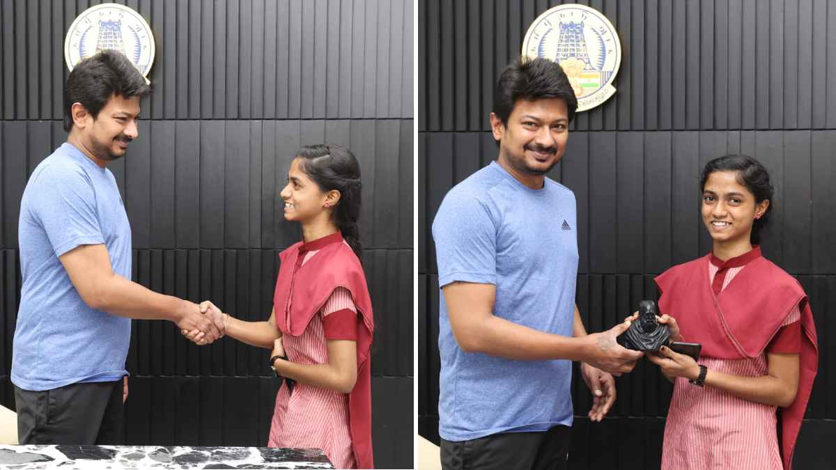 Udhayanithi stalin presented Periyar statue to student Nandini scored 600 in Plus 2 exam