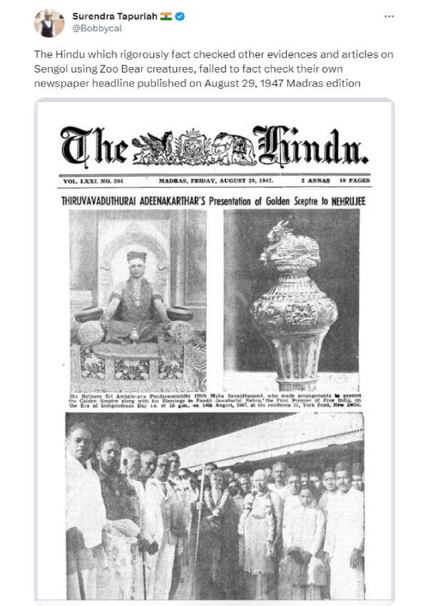 The Hindu Director Malini Parthasarathy exposes BJPs bogus claim on Sengol