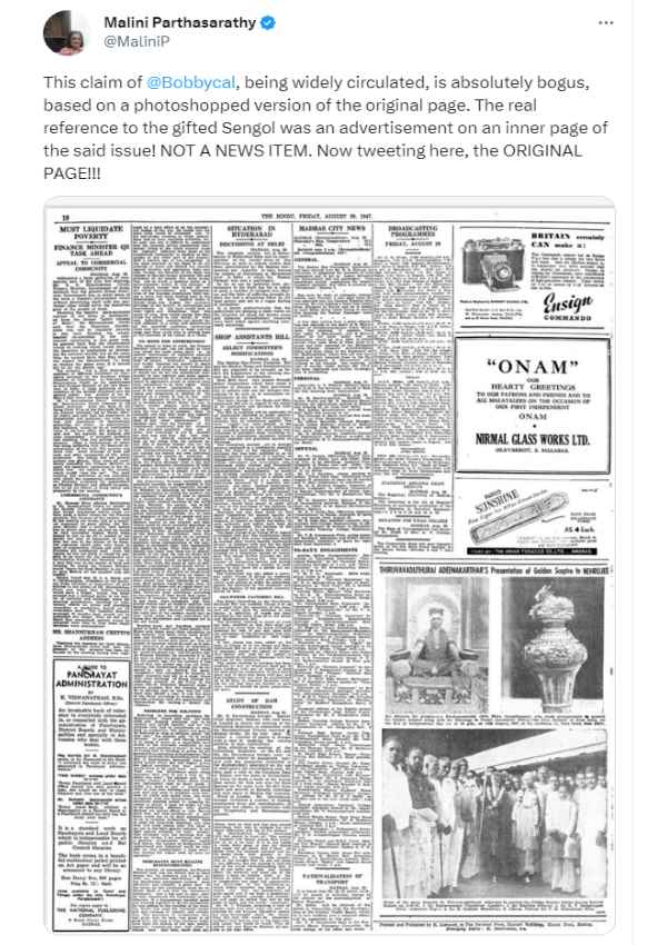 The Hindu Director Malini Parthasarathy exposes BJPs bogus claim on Sengol