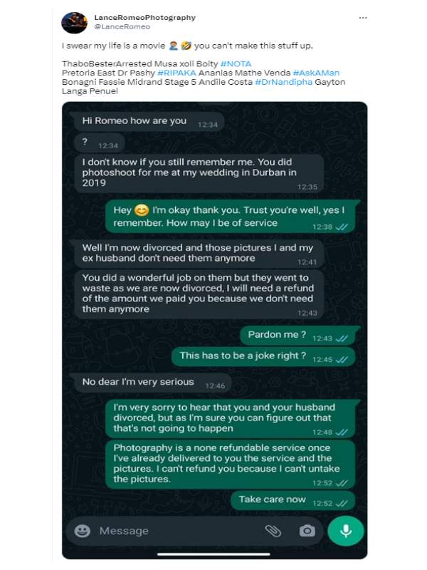 Woman demand refund from wedding photographer after divorce 