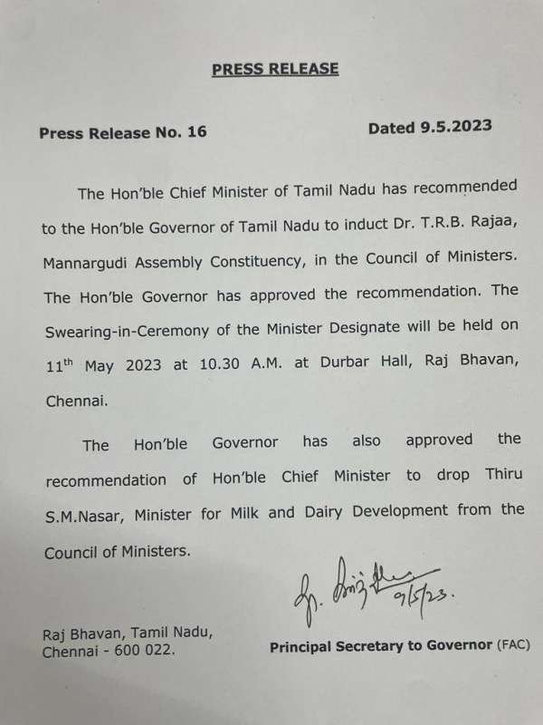 tn cabinet reshuffle : TRB Rajaa in: Avadi nasar out tn cabinet reshuffle : TRB Rajaa in: Avadi nasar out