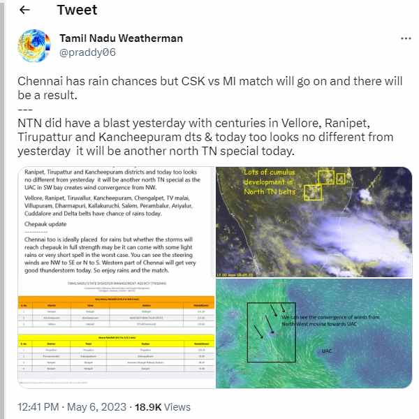  What tamilnadu weatherman said about Chennai vs Mumbai match amid rain alert