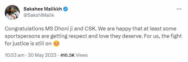 The fight for justice is still on - Wrestler Sakshi Malik on tweet wishing Dhoni and CSK 