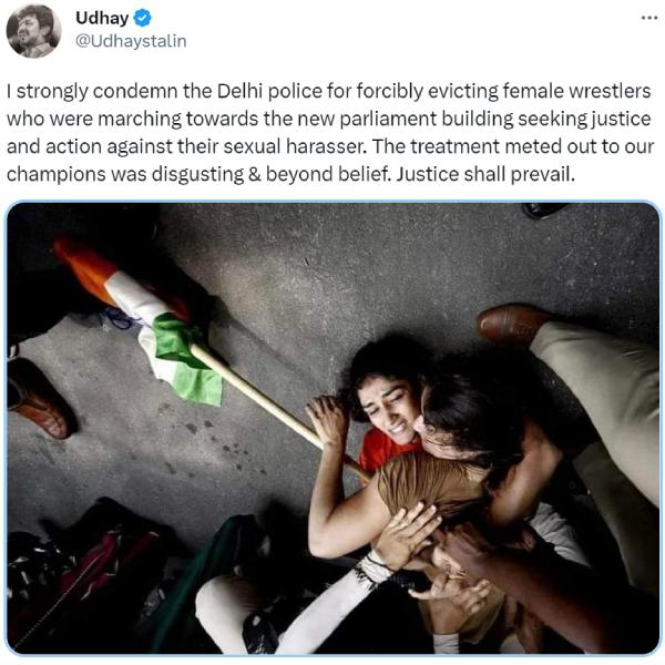 I strongly condemn the Delhi police for forcibly evicting female wrestlers, says Udhayanidhi Stalin 