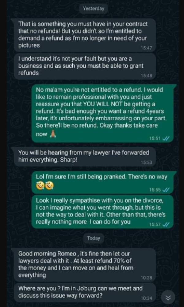 I am divorced, Refund my money- woman asked the wedding photographer Bizarre incident in Durban 