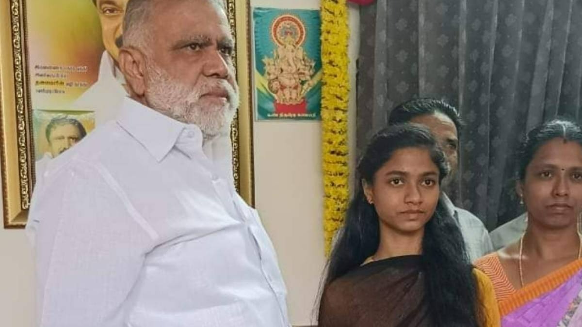 Stalin congratulated the student Nandhini who scored +2 topper by gifting basket of chocolates. 