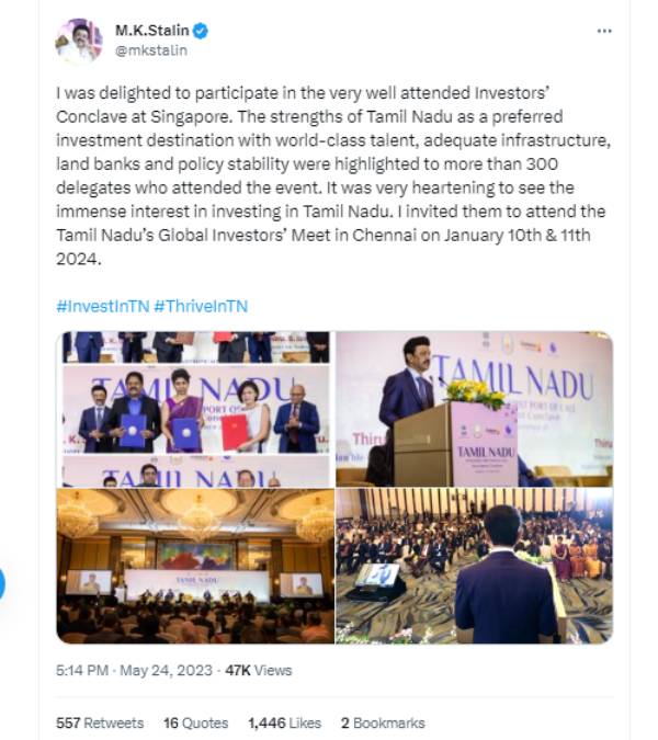 Key MoUs signed in the presence of cm stalin in singapore investors conference 