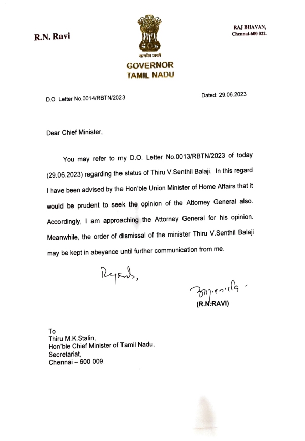 What was there in the 2nd letter written to CM Stalin from Governor RN Ravi on Senthil Balaji ? What was there in the 2nd letter written to CM Stalin from Governor RN Ravi on Senthil Balaji ?