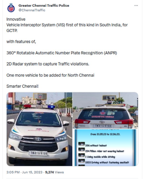 Chennai : Innovative Vehicle Interceptor System first of this kind in South India, for GCTP 