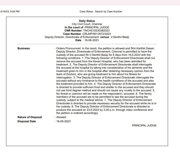 What are the Court conditions for ED Which will introgate Minister Senthil Balaji who admitted hospital? What are the Court conditions for ED Which will introgate Minister Senthil Balaji who admitted hospital?