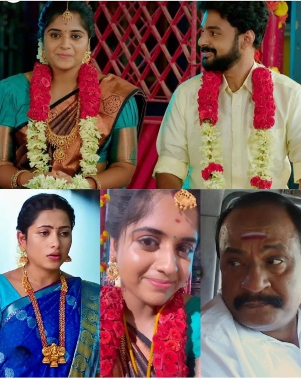 Ethirneechal serial Adirai with garland and neck with Arun but Karikalan tied thali