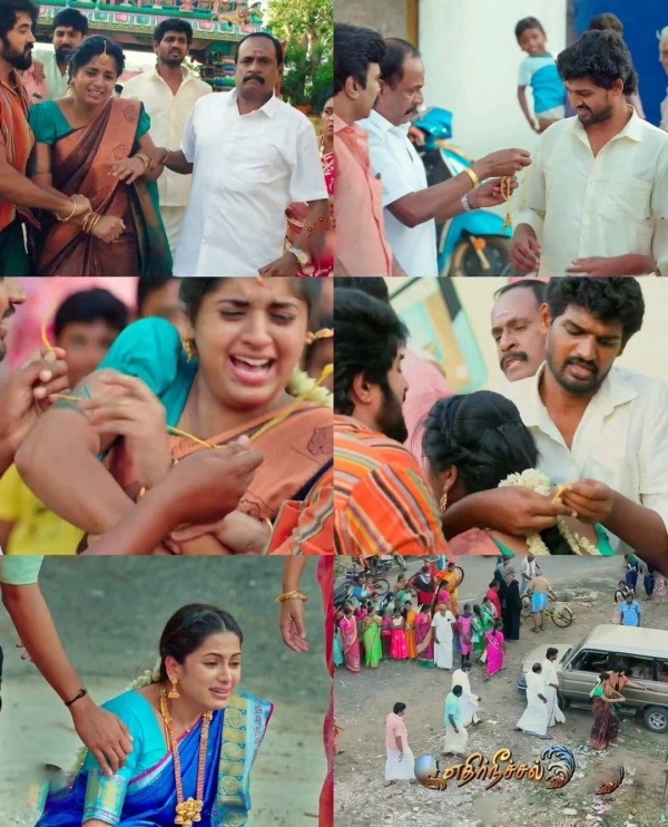 Ethirneechal serial Adirai with garland and neck with Arun but Karikalan tied thali