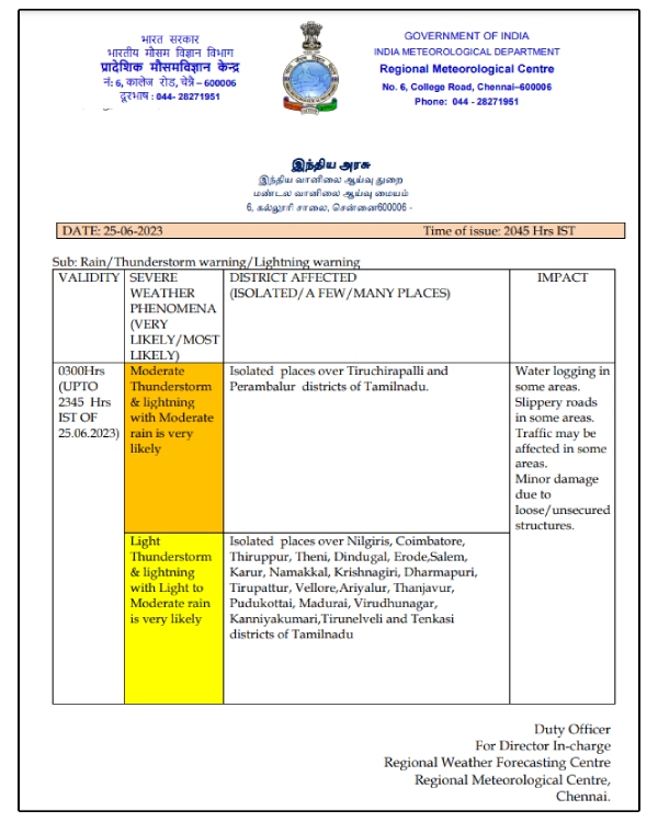 23 districts of Tamil Nadu are likely to experience thundershowers in the next 3 hours 