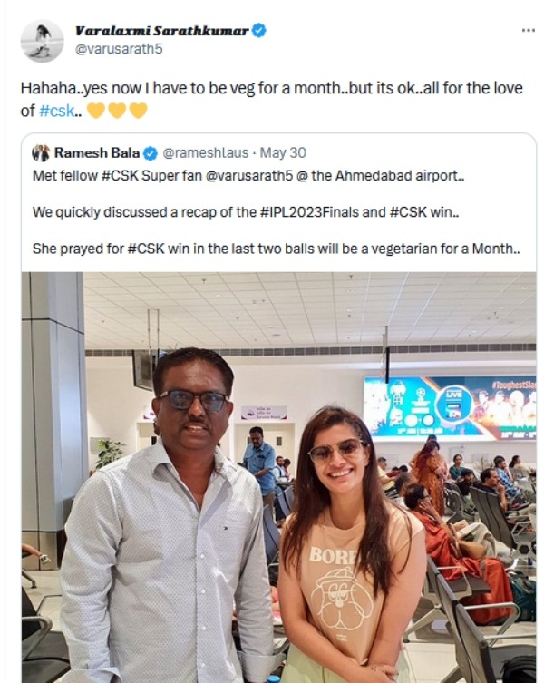 Varalakshmi is going to fulfill her promises after CSK won the match 
