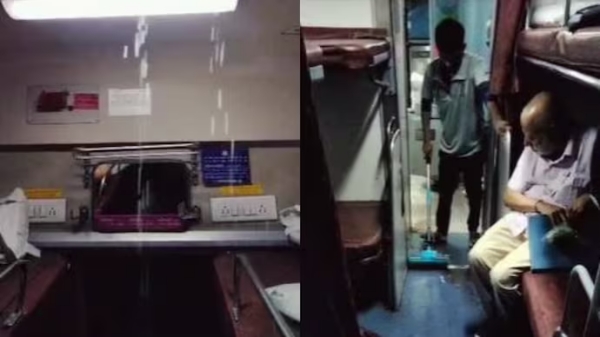 Amid of heavy rain Water leaks into AC coach of Mumbai-Indore Awantika Express, passengers suffers Amid of heavy rain Water leaks into AC coach of Mumbai-Indore Awantika Express, passengers suffers