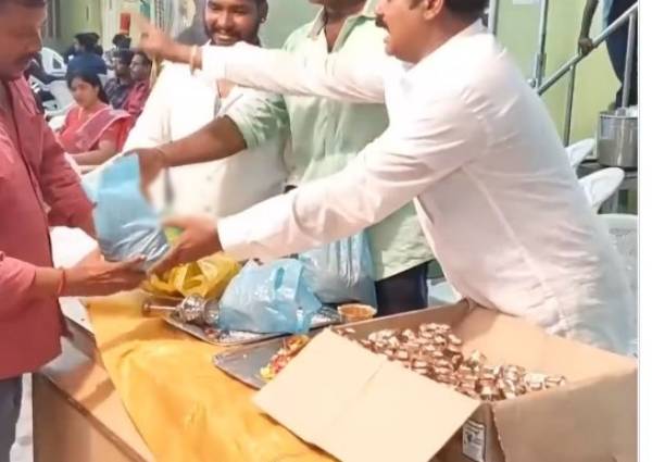 At a wedding house in Puducherry, guests are given a pleasant surprise by serving liquor in tamboola bags 