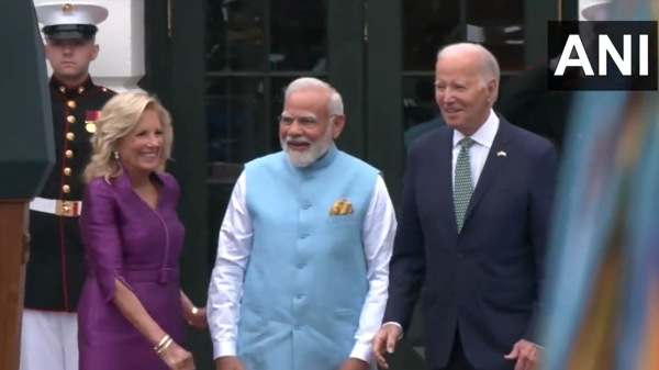 Amid of Bharat Mataki Jai Slogan US President Joe Biden and his wife Jill Biden welcome PM Modi at White House Amid of Bharat Mataki Jai Slogan US President Joe Biden and his wife Jill Biden welcome PM Modi at White House