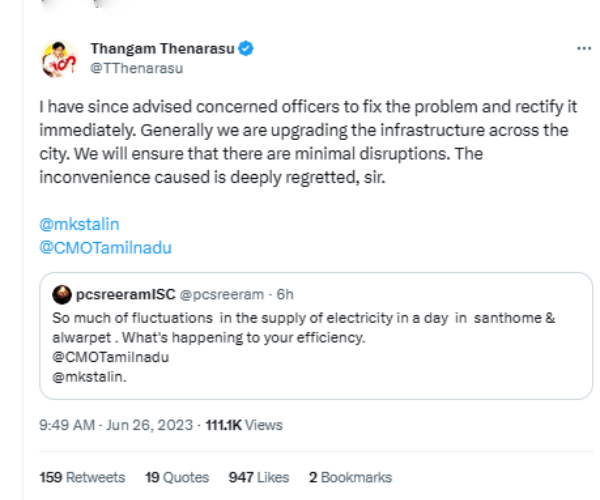Thangam Thennarasu responded to the power cut complaint of P C Sreeram 