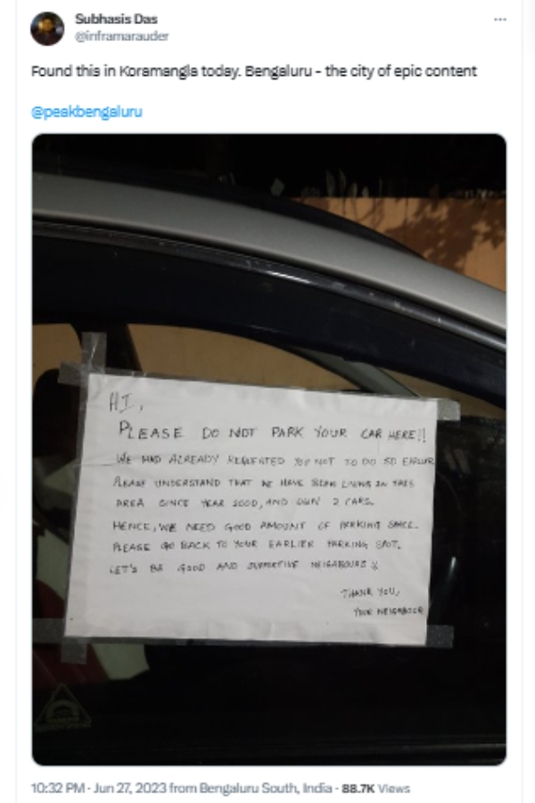 Bengaluru people surprised and Polite note pasted on car’s window by neighbour