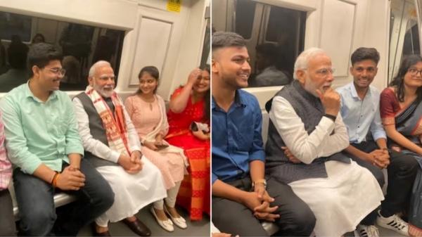 Prime Minister Narendra Modi traveling with students in Delhi Metro 