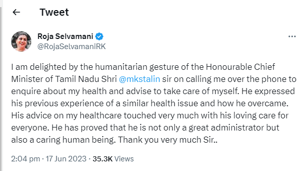 Roja Selvamani thanked TN Chief Minister Stalin for inquiring about his health 