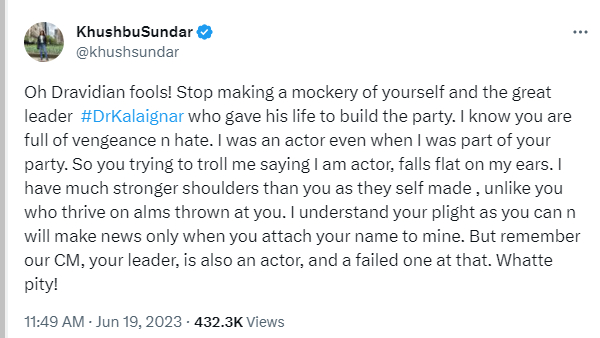Khushbu Sundar in her tweet calls Dravidian fools! 