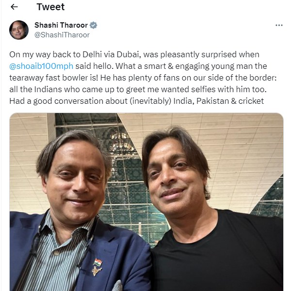Shashi Tharoor shares picture with Pakistan ex fast Bowler Shoaib Akhtar in twitter, both meets in Dubai Shashi Tharoor shares picture with Pakistan ex fast Bowler Shoaib Akhtar in twitter, both meets in Dubai
