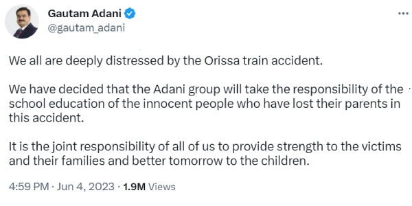 Adani takes responsibility education cost of children who lost parents in odisha train crash