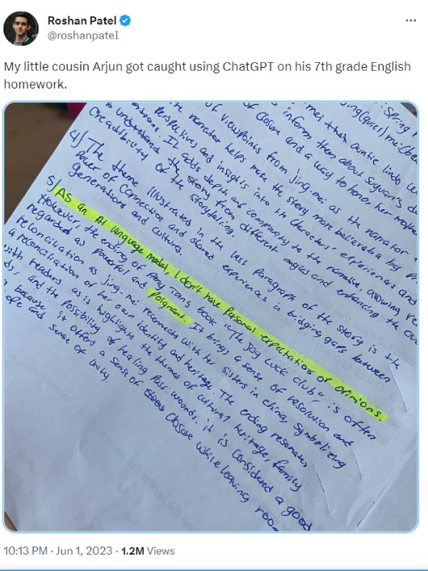 Class 7 student got caught to his teacher after using ChatGPT for his homework 