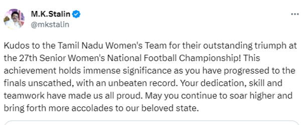 CM Stalin congratulates Tamil Nadu team who won the title in the National Womens Football championship 