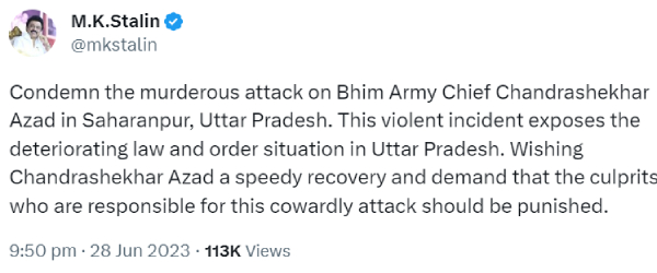 Stalin condemns the murderoues attack on Bhim army chief Chandrashekhar Azad 
