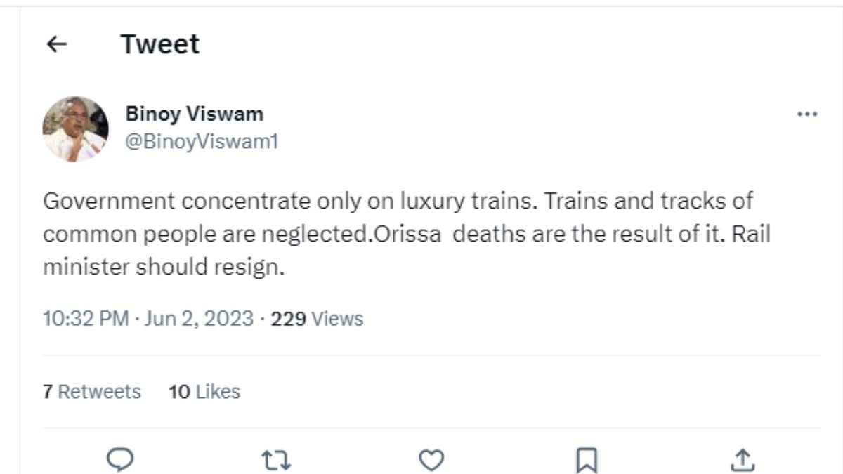 Railway minister Ashwini Vaishnaw shoul resign due to odisha train accident, says CPIM MP Binoy Viswam 