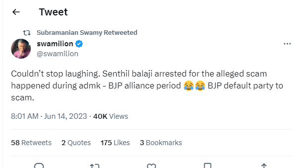 Couldn’t stop laughing and BJP default party to scam, Subramanian Swamy retweet after Senthil Balaji arrest 